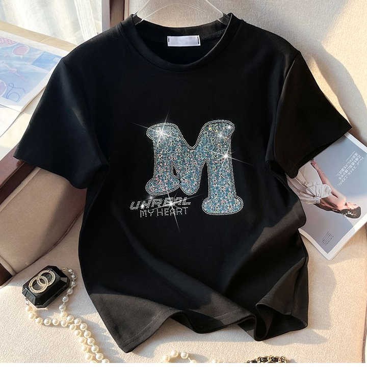 Summer Women's Letter Iron Drill Stereoscopic Round Neck 100% Cotton Short Sleeve T-shirt Fashion Loose Loose Blouse Blouse