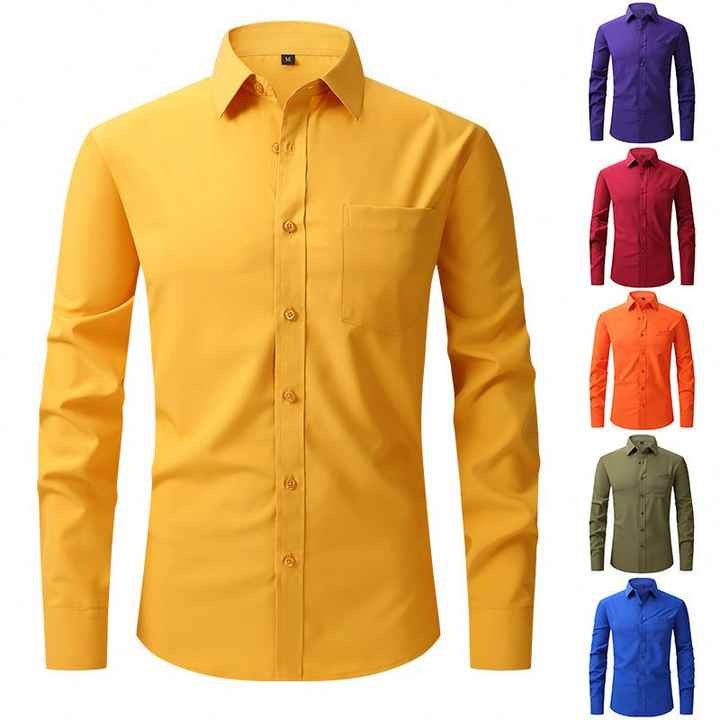 Hot Sale Button Dress Shirts Long-sleeved Shirt Pocket Four Seasons Wear Men's All-match Stretch Anti-wrinkle Men's Shirt