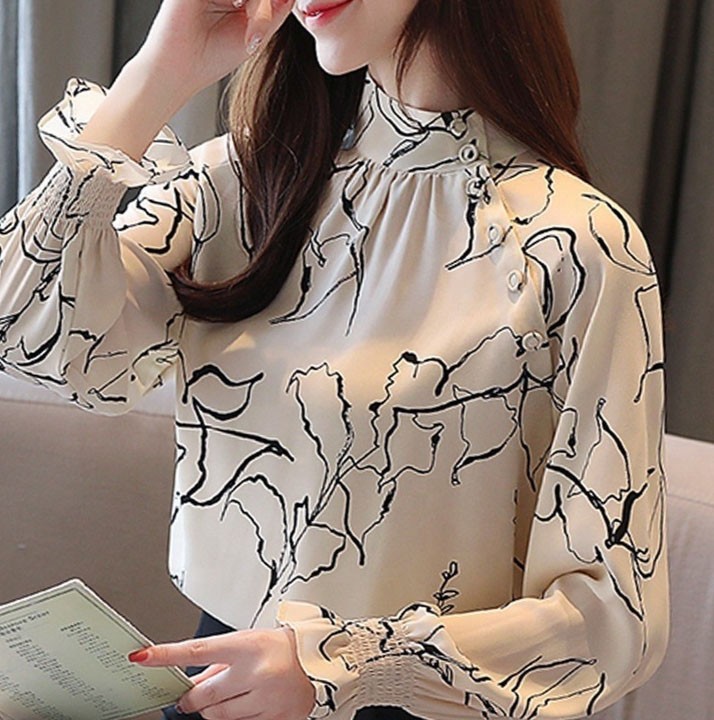 Oem Long Sleeve Office Lady Women Blouses Shirts White Flower Print Chiffon Women Tops With Button Blusas Mujer De Moda B985