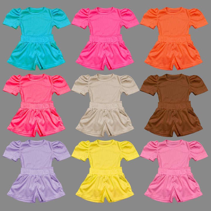 Girls in Summer Clothing Bubble Sleeve Shirts with Casual Shorts 6M-16T Large-size Polyester Pits 15 Colors