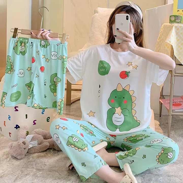 Hot Sale Women's Cute Robes 3pcs Cheap Price Ladies Pajamas with Short Sleeve O-Neck Dress Digital Print Free Size Homewear