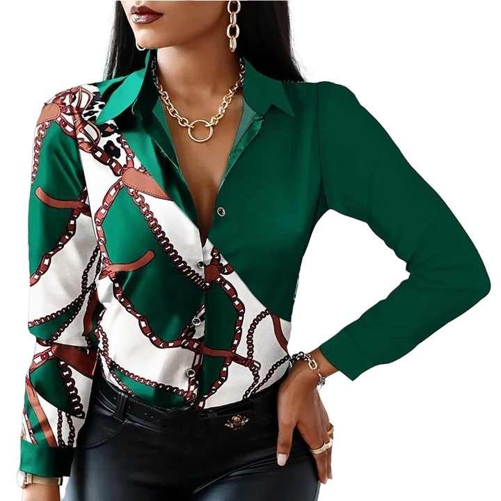 Women Fashion Elegant Shirt Spring Autumn Long Sleeve Single Breasted Top Turn Down Collar Office Lady Printed Blouse
