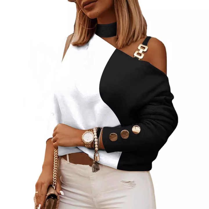 Elegant Women's Sexy Blouse Spring Summer Open-shoulder Hollowed-out Chain Hanging Neck Printed Button Fashion Female Tops