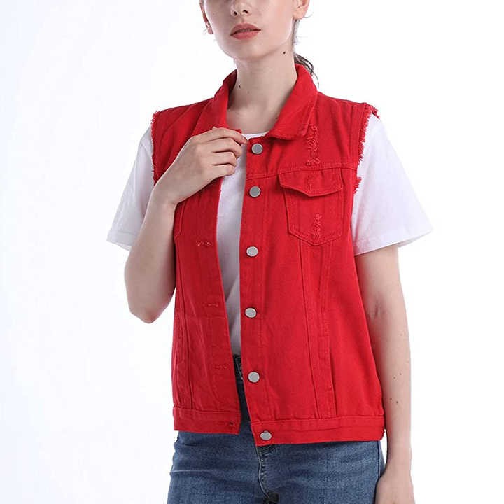 Women's Denim Vest Sleeveless Distressed Buttoned Washed Red Jacket / Vest in Unique Style and Good Quality
