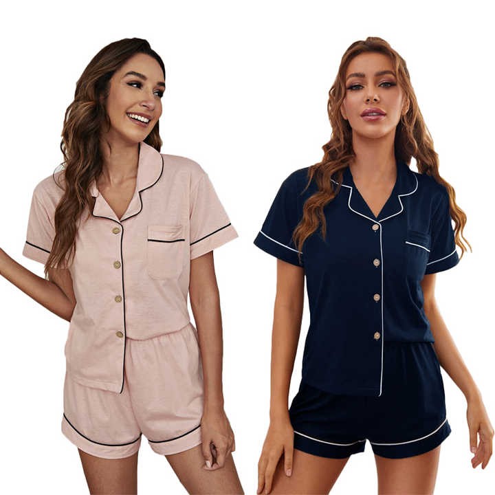 Summer Custom Ladies Pyjamas Pocket Front Breathable Bamboo Short Piping Pajamas Women's Sleepwear