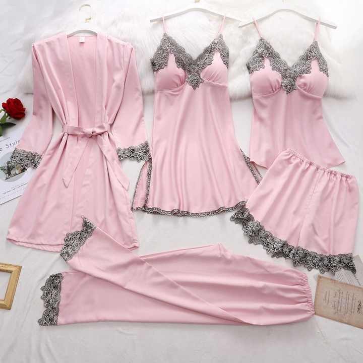 Hot Selling High Quality 5pcs Set Custom Pajamas Set Ladies Satin Silk Like Sleepwear Robe Set for Women Robe Fille