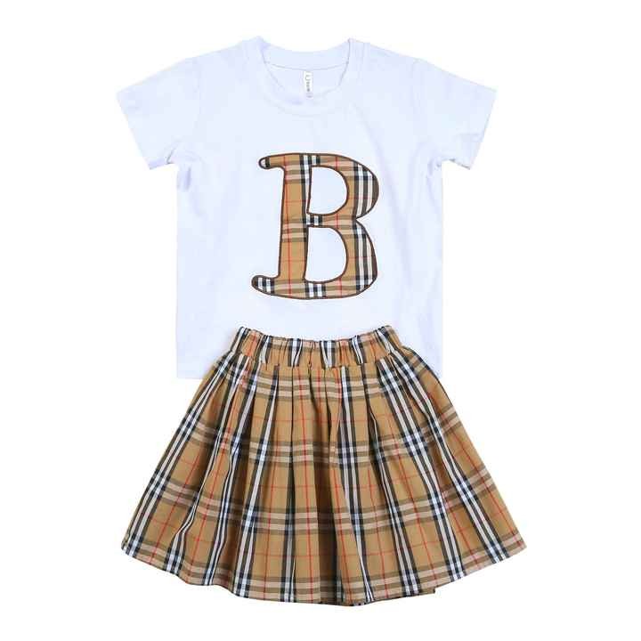 Boutique Kids Baby Girl Clothes Set Embroidery Summer Shirt with Plaid Skirt Outfits Bigger Size