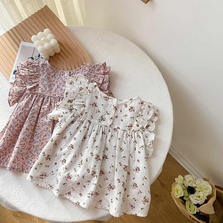 0-3Y Korean Style Summer Infant Children Blouses Outwear Sleeveless Cotton Floral Sweet Baby Girl Shirt