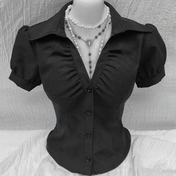 Korean Tops Women New Fashion Women's Slim-Fit Short-Sleeved V-Neck Pleated Open Chest Shirt Casual Knitted