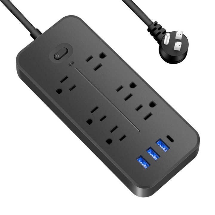 US Standard Surge Protector Socket With 6 Outlets Flat Plug With 3 USB Port 1 Type C Portable Tabletop Extension Power Strip